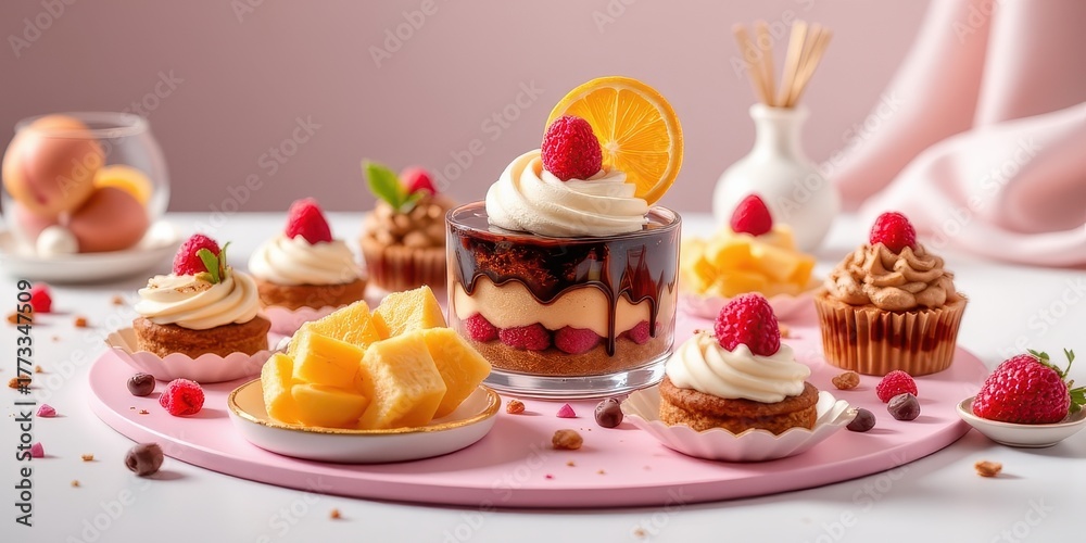 Obraz premium 3D render of a futuristic dessert presentation showcasing the brand's story, creation process, and marketing driven selection with signature identity