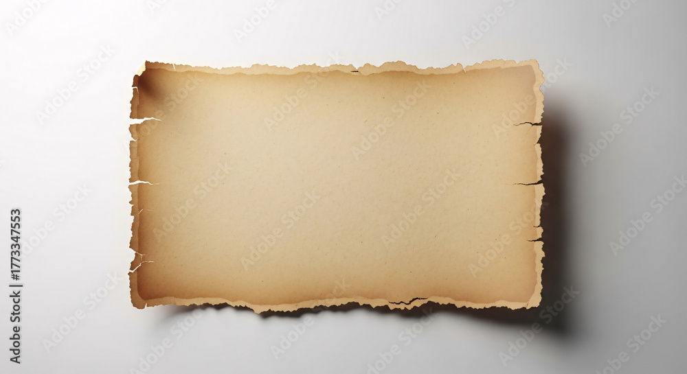 Fototapeta premium A blank, aged, torn piece of parchment paper with a rough edge on a white background