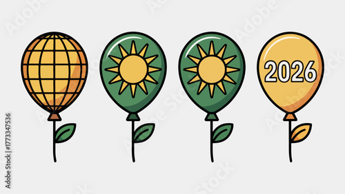 Illustration of balloons with earth, sun, and 2026 designs, symbolizing environmental awareness and future goals