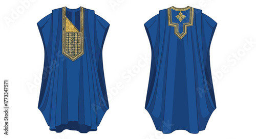 Elegant blue garment displaying elaborate gold embroidery on a classic design silhouette for upscale fashion and traditional clothing depiction