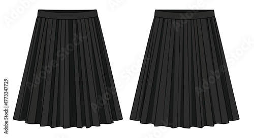 Stylized illustration showcasing two elegant black pleated skirts with a digital rendering aesthetic for fashion and design visuals