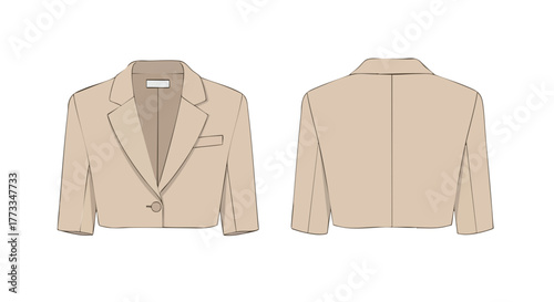 Illustrated cropped blazer design, showcasing both front and back views on a plain white background for design and fashion purposes