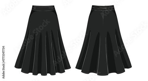 Elegant black flared skirt showcasing front and back design details for fashion design illustrations and retail presentation