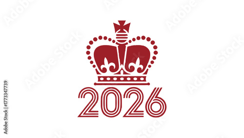 A marooncolored emblem featuring a crown atop the number 2026, , symbolizing a specific year or event with a regal and celebratory design element