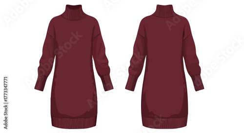 Elegant maroon turtleneck dress design showcasing both front and back views for online retail ready to wear product photography