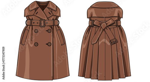 Brown, Double-Breasted Skirt Suit Illustration Showcasing Classic Design and Modern Style Elements for Fashion Design Concepts