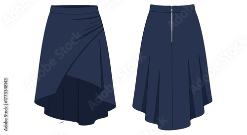 Elegant navy blue midi skirt illustration with asymmetrical hemline and detailed construction showcasing style and design for fashion