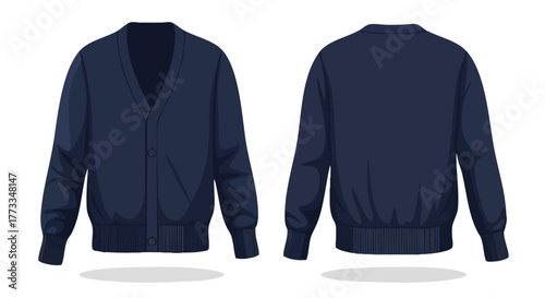 Classic Navy Cardigan Illustration: Front and Back Views, Perfect for Design Mockups and Apparel Presentation