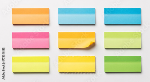 Nine colorful sticky notes arranged in a grid on a white background