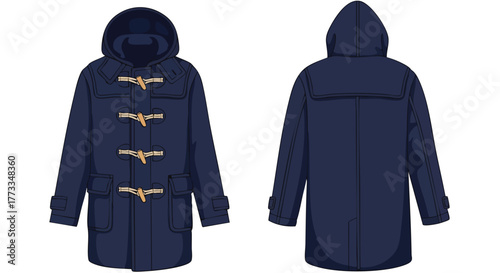 Fashionable Blue Duffle Coat Illustration Showcasing Front and Back Design on White Backdrop