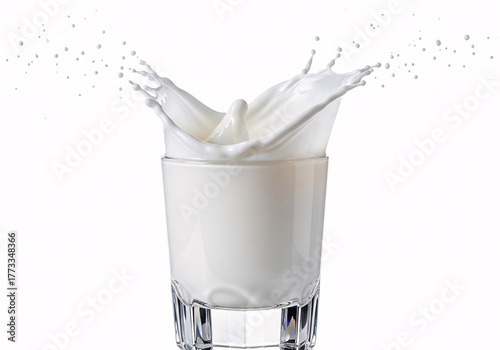 A splash of milk erupting from a glass, isolated on white background