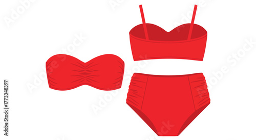 Vibrant Red Swimsuit Set Isolated on White Background, Fashionable Summer Essential, Flattering High Waisted Bikini Design