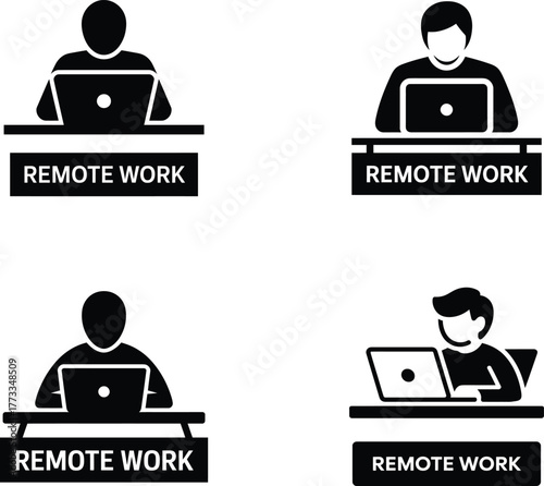 Four icons representing remote work and home office concepts
