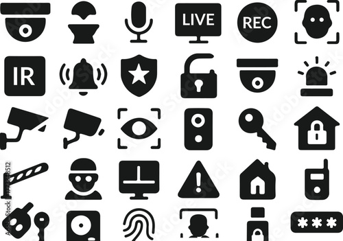 Surveillance Monitoring Silhouette Icon Set – CCTV, Dome, Detection, Remote Access, Alert, Intrusion Warning, Security, Guard, Vector Illustration