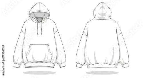 Detailed White Hoodie Technical Sketch: Front and Back Views for Fashion Design and Apparel Mockups