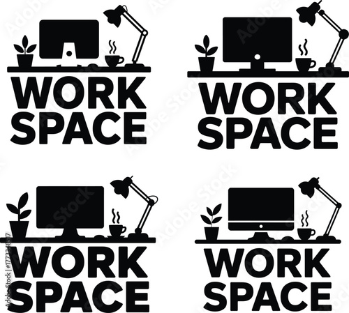 Four silhouette illustrations of a modern home office workspace desk setup