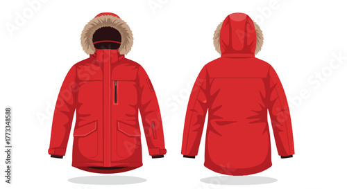 Detailed vector illustration showcasing a red winter parka jacket with fur hood design, front and back view, isolated on a clean white backdrop