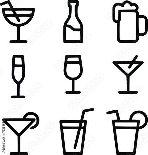 Beverage Outline Icon Set  Cocktails, Wine, and Beer in Minimal Line Art Style