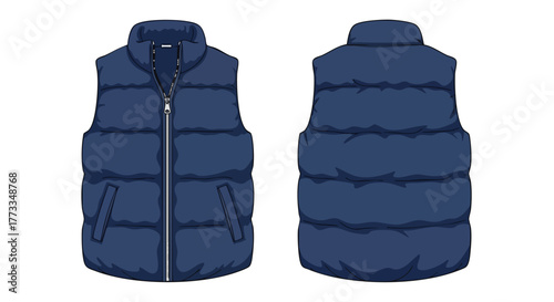 Illustration of a stylish quilted navy blue puffer vest isolated on a white background, showcasing its front and back design for versatile fashion