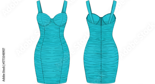 Turquoise sculpted dress illustration showcasing design details on white background, front and back view fashion forward aesthetic