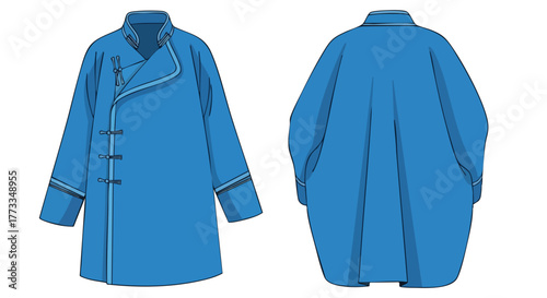 Blue traditional mongolian deel clothing design showcased in front and back view illustration for apparel design and cultural representation