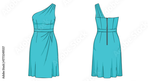 Elegant Azure One-Shoulder Dress Fashion Flat Sketch Illustration with a Contemporary Design Displaying Front and Back Views