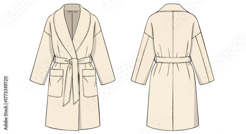 Beige wrap coat technical sketch illustration featuring front and back views for fashion design visualization
