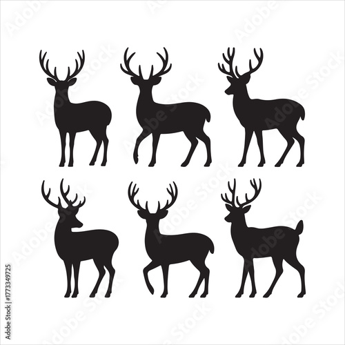 Set of Deer Silhouettes in Different Poses, Deer Silhouette Set Vector Collection of Christmas Design 