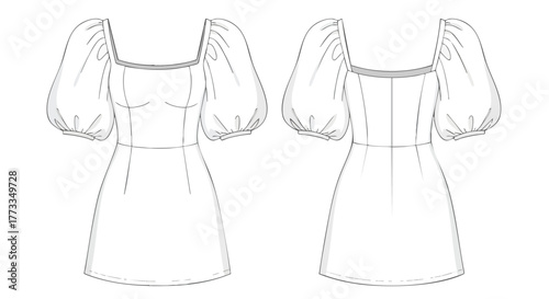 Sophisticated dress design showcasing a square neckline and dramatic puff sleeves against a clean background