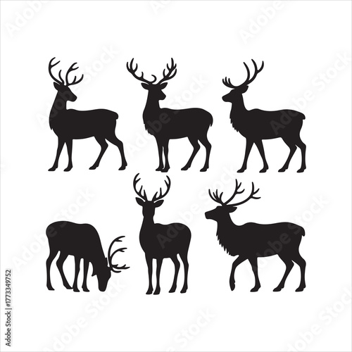 Set of Deer Silhouettes in Different Poses, Deer Silhouette Set Vector Collection of Christmas Design 