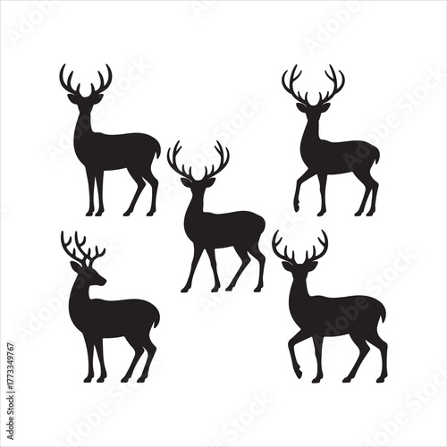 Set of Deer Silhouettes in Different Poses, Deer Silhouette Set Vector Collection of Christmas Design 