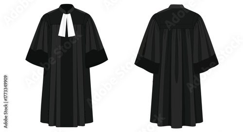 Academic or Legal Attire: Front and Back View of Traditional Black Robe with White Collar Detailing professional dress for formal education or court