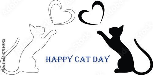Two cats reaching for hearts with happy cat day text love.