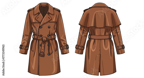 Classic double-breasted trench coat illustration showcasing front and back views in a neutral color palette