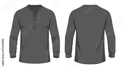 Modern Charcoal Gray Long Sleeve Henley Shirt Mockup, Front and Back View for Fashion and Apparel Design Presentation