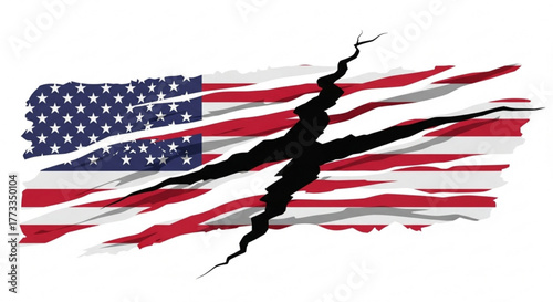 American flag with a large black crack running through it on a white background image view created with generated ai