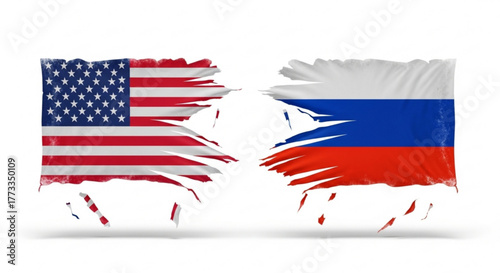 Torn flags of the united states and russia symbolizing conflict and political tension between nations created with generated ai