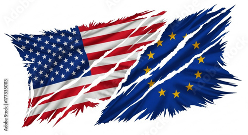 American and european union flags torn and layered together in a symbolic representation of relations created with generated ai