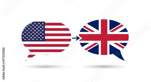 Translation concept showing american english to british english with united states and united kingdom flags created with generated ai