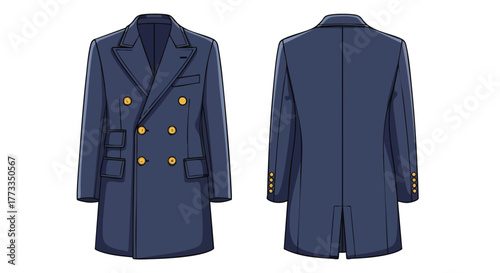 Stylized vector illustration showcasing a classic double-breasted overcoat design with elegant details