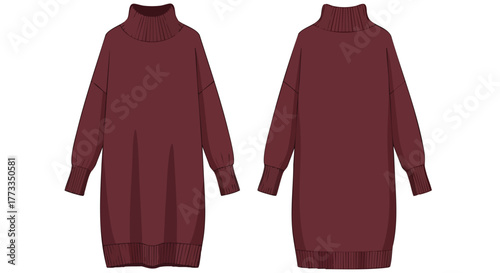 Elegant burgundy roll neck sweater dress front and back view showcases a modern design with comfortable style and relaxed silhouette for fashionable