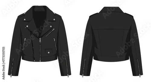 Fashionable Black Leather Jacket Render Depicting Front and Back View for Apparel Design and Style Representation