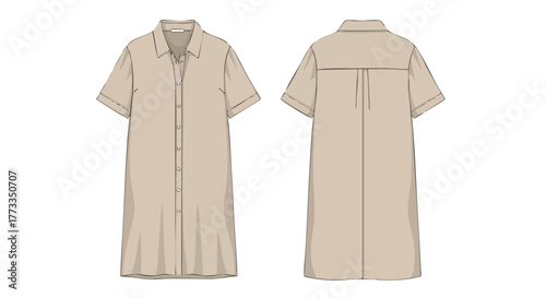 Technical drawing illustrating the design and construction of a beige button-down shirt dress for garment design purposes