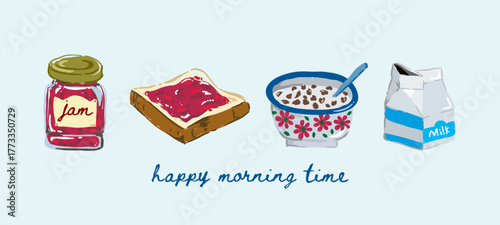 Essential breakfast food items in Hand-drawn style, happy morning time for a Relaxing day illustration, milk, cereal bowl, bread slice and jam jar