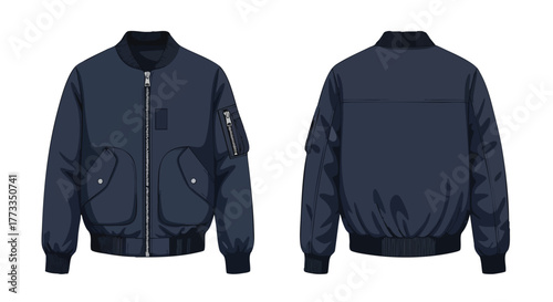 Navy Blue Bomber Jacket Illustration Showcasing Front and Back Views for Fashion Design Inspiration