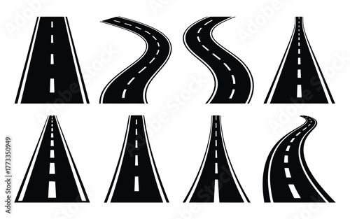 Collection of Diverse Road and Highway Illustrations with Lane Markings — Perfect for Traffic Education, Urban Planning, Map Design, Navigation Apps, Driving School Materials.