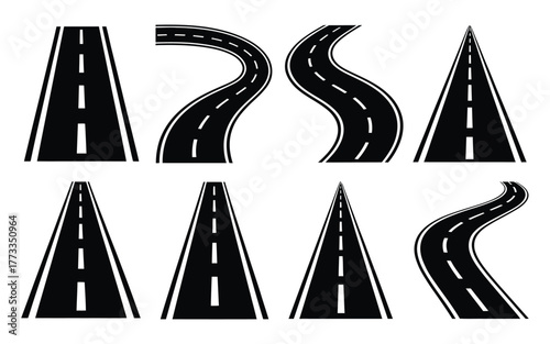 Collection of Diverse Road and Highway Illustrations with Lane Markings — Perfect for Traffic Education, Urban Planning, Map Design, Navigation Apps, Driving School Materials.