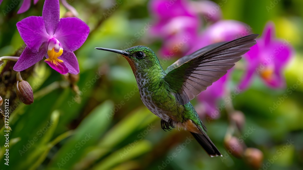 Naklejka premium Green hummingbird in flight near purple orchids with blurred background in a natural setting outdoors