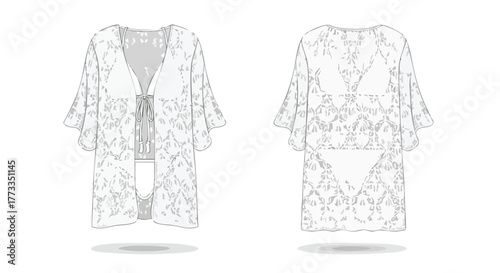Digital fashion illustration of a white lace kimono style cover up and bikini set, front and back views demonstrating the fabric's intricate pattern