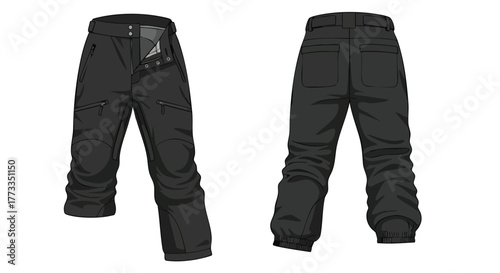 Illustration showcasing the front and back views of stylish and functional winter snowboarding pants designed for cold weather sports